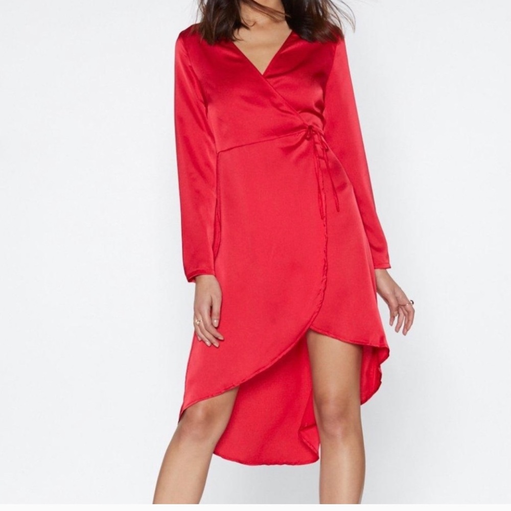 Nasty Gal Red Satin Wrap Dress